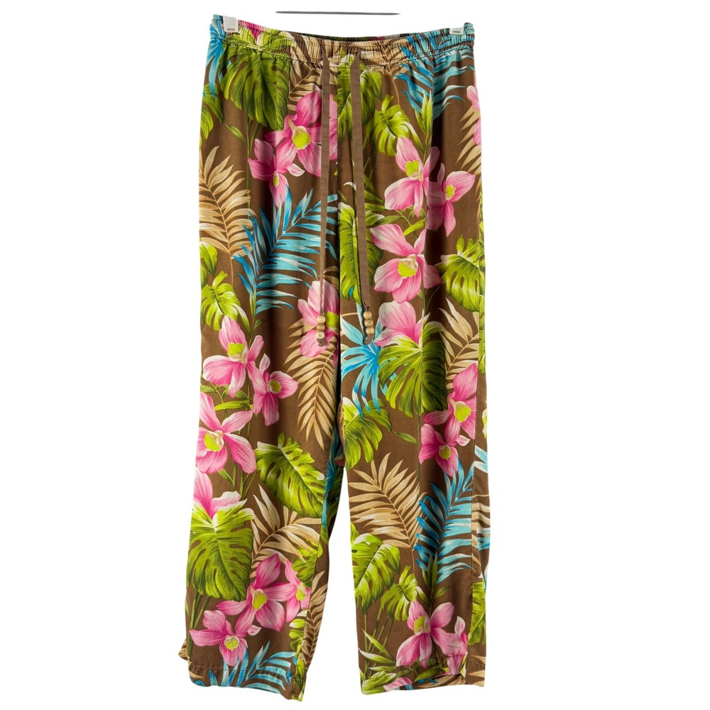 Bamboo Traders Silk Tropical Floral Wide Leg Pants Womens Sz M Resort Travel